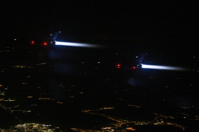 Rafale jet fighters of the French Air Force patrol the airspace at night over Poland on March 4, 2022, as part of Nato's surveillance system conducted in collaboration with the military aviation of other countries of the Alliance. (Photo by Nicolas Tucat/AFP Photo)