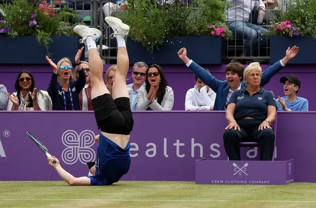 Harri Heliovaara of Finland celebrates a point with partner Lloyd Glasspool of Great Britain (not in picture) against Nikola Mektic of Croatia and Mate Pavic of Croatia during the Men's Doubles Final match on day seven of the cinch Championships at The Queen's Club on June 19, 2022 in London, England. (Photo by Julian Finney/Getty Images)