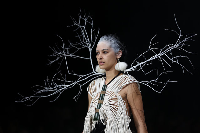 A model walks the runway during the Kiri Nathan show during New Zealand Fashion Week 23: Kahuria at Viaduct Events Centre‎ on August 29, 2023 in Auckland, New Zealand. (Photo by Mackenzie Sweetnam/Getty Images for NZFW)