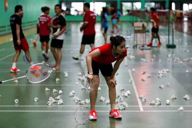 Thailand's badminton player Ratchanok Intanon (C), who hopes to win gold at the Rio Olympics, takes a break during an afternoon training session at a gym in Bangkok, Thailand, June 22, 2016. (Photo by Athit Perawongmetha/Reuters)