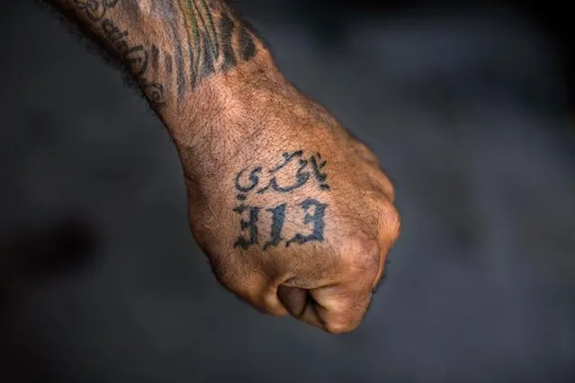 In this Tuesday, May 10, 2016 photo, Ali Hussein Nasreddine, 50, poses for a photo showing off his tattoos with Shiite Muslim religious slogans in the southern suburb of Beirut, Lebanon. The tattoo in Arabic reads, “Oh Mahdi, 313”. (Photo by Hassan Ammar/AP Photo)