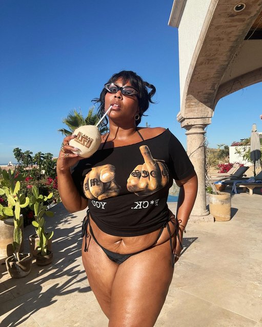 American rapper Lizzo looks carefree as she sips from a coconut early January 2025. (Photo by lizzobeeating/Instagram)