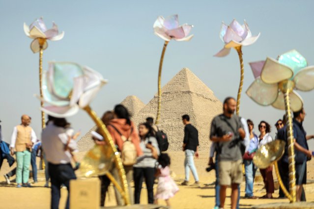 Art installations are displayed during contemporary art exhibition “Forever Is Now” organized by Art D'Egypte the Giza Pyramids, a UNESCO World Heritage Site, in Giza, Egypt on October 24, 2024. The exhibition hosts the works of 12 international artists. (Photo by Mohamed Elshahed/Anadolu via Getty Images)