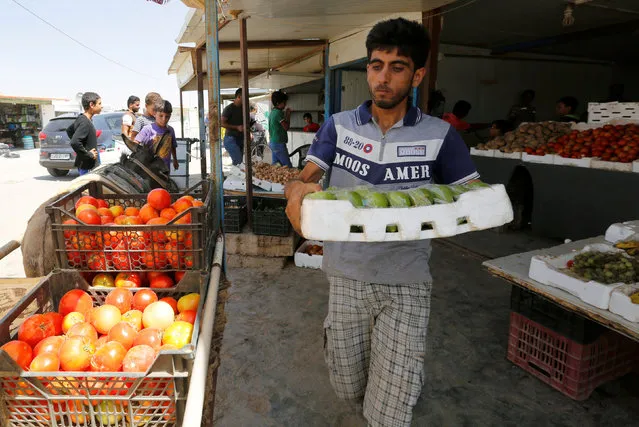 Syrian refugee Bashar al-Khashman, who came from Daraa in Syria three years ago, loads fruits and vegetables on his donkey cart to be sold to fellow refugees at Al Zaatari refugee camp in the Jordanian city of Mafraq, near the border with Syria, August 18, 2016. (Photo by Muhammad Hamed/Reuters)