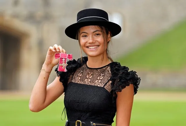 British professional tennis player Emma Raducanu after she was made a MBE (Member of the Order of the British Empire) by King Charles III at Windsor Castle on November 29, 2022 in Windsor, England. (Photo by Andrew Matthews – WPA Pool/Getty Images)