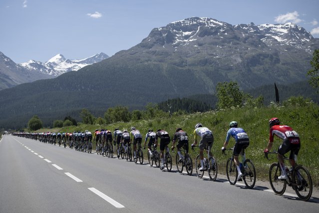 The peloton makes its way during the fifth stage of the Tour de Suisse cycling race, over 183.8km from La Punt to Santa Maria in Calanca, Switzerland, 19 June 2025. (Photo by Gian Ehrenzeller/EPA)