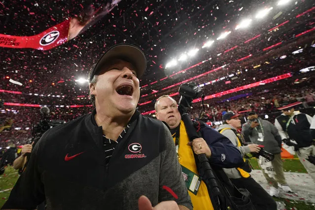 Georgia head coach Kirby Smart celebrates victory over TCUt after the national championship NCAA College Football Playoff game, Monday, January 9, 2023, in Inglewood, Calif. Georgia won 65-7. (Photo by Ashley Landis/AP Photo)