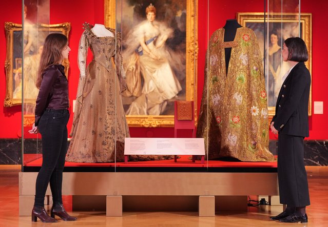 (Left to right) Queen Alexandra's Coronation Dress, 1902, designed by Morin Blossier, and King Edward VII's Coronation Mantle, 1902, by the Royal School of Needlework, during a preview of The Edwardians: Age of Elegance, a Royal Collection Trust exhibition in The King's Gallery at Buckingham Palace, London on Thursday, April 10, 2025, ahead of opening to visitors on April 11. The exhibition explores the lives and tastes of two of Britain's most fashionable royal couples – King Edward VII and Queen Alexandra, and King George V and Queen Mary. (Phoot by Yui Mok/PA Wire)