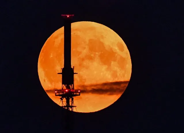 A reddened harvest moon is pictured behind a radio mast standing near Replin, Germany, late 16 September 2016. A penumbral lunar eclipse accompanied the harvest moon about a week before the autumnal equinox. (Photo by Patrick Pleul/EPA)