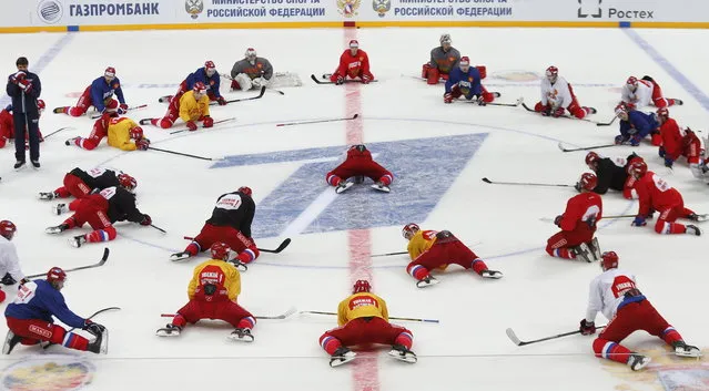 Members of the Russian men's national ice hockey team seen during an open training session at Legends Arena ahead of the 2015 Channel One Cup in Moscow, Russia on December 14, 2015. (Photo by Japaridze Mikhail/TASS via ZUMA Press)