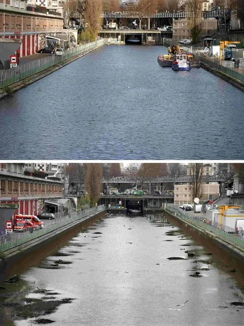 A combination picture shows the Canal Saint-Martin before the start of its draining on December 29, 2015 (top) and during the operation to clean the waterway in Paris, France, on January 5, 2016 (bottom). (Photo by Charles Platiau/Reuters)