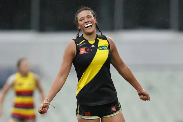 Poppy Kelly of Richmond celebrates a goal during the round two AFLW match between Richmond Tigers and Adelaide Crows at Ikon Park, on September 08, 2023, in Melbourne, Australia. (Photo by Darrian Traynor/AFL Photos via Getty Images)