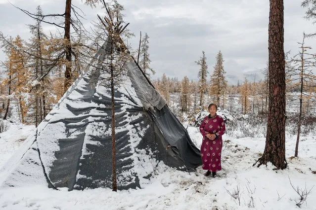 Purev of the Ganbaa family poses next to one of their teepees in Altai Mountains, Mongolia, September 2016. (Photo by Joel Santos/Barcroft Images)