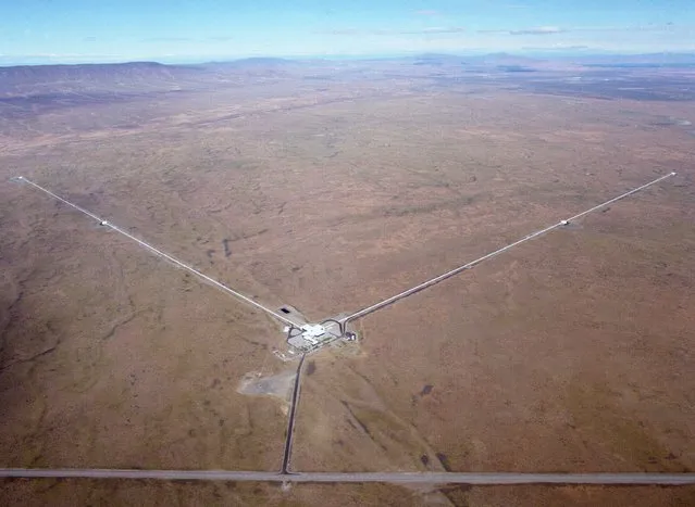 An aerial photo shows Laser Interferometer Gravitational-wave Observatory (LIGO) Hanford laboratory detector site near Hanford, Washington in this undated photo released by Caltech/MIT/LIGO Laboratory on February 8, 2016. The twin detectors, a system of two identical detectors constructed to detect incredibly tiny vibrations from passing gravitational waves, are located in Livingston, Louisiana, and Hanford, Washington. Scientists said on February 11, 2016 they have for the first time detected gravitational waves, ripples in space and time hypothesized by physicist Albert Einstein a century ago, in a landmark discovery that opens a new window for studying the cosmos. (Photo by Reuters/Caltech/MIT/LIGO Laboratory)