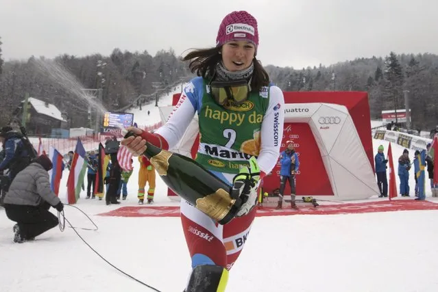 Switzerland' s Wendy Holdener, second placed, celebrates after an alpine ski, women' s World Cup slalom in Maribor, Slovenia, Sunday, January 8, 2017. (Photo by Srdjan Zivulovic/Reuters)