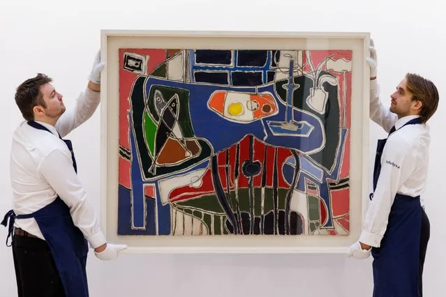 Patrick Heron, The Blue Table with Window: 1954 (estimated £500,000-700,000) goes on view at Sotheby's on November 17, 2023 in London, England. Sotheby’s British & Irish Art Week showcases works by some of the greatest artists working in Britain and Ireland in the 20th century, many of which are emerging from long held private collections or are making their auction debuts. Pioneering artists on public view at Sotheby’s London include Henry Moore, Barbara Hepworth, L.S. Lowry, Ben Nicholson, Stanley Spencer and Samuel Peploe. The auction will take place on 21 November. (Photo by Tristan Fewings/Getty Images for Sotheby's)