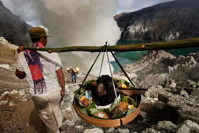 Miners carry a goat's during the ceremony. (Photo by Ulet Ifansasti/Getty Images)