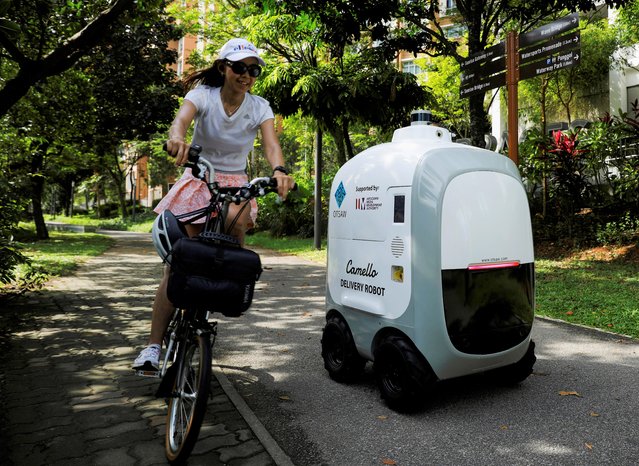 A cyclist passes as Camello, an autonomous grocery delivery robot, makes its way during a delivery in Singapore on April 6, 2021. (Photo by Edgar Su/Reuters)