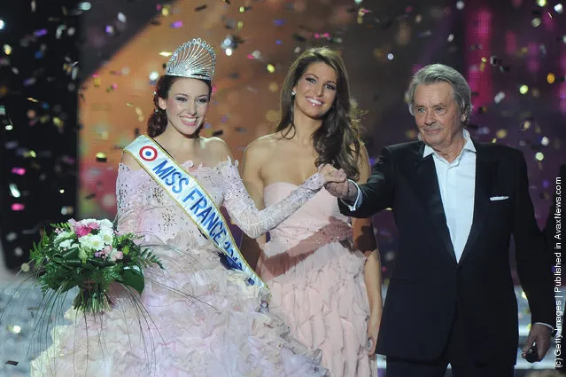 Delphine Wespiser reacts as she celebrates being crowned Miss France 2012 on stage