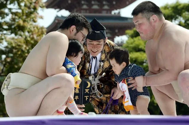 Babies held by student sumo wrestlers start their “Baby-cry Sumo” match while a referee (C) in a traditional costume looks on during the competition at the Sensoji temple in Tokyo on April 26, 2014. Japanese parents believe that sumo wrestlers can help making babies cry out a wish to grow up with a good health. (Photo by Toshifumi Kitamura/AFP Photo)