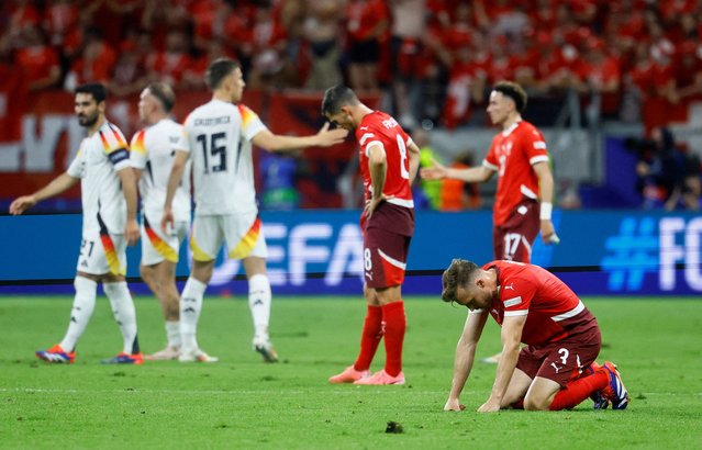 Switzerland's Silvan Widmer reacts after their match against Germany, in Frankfurt, Germany on June 23, 2024. (Photo by Wolfgang Rattay/Reuters)