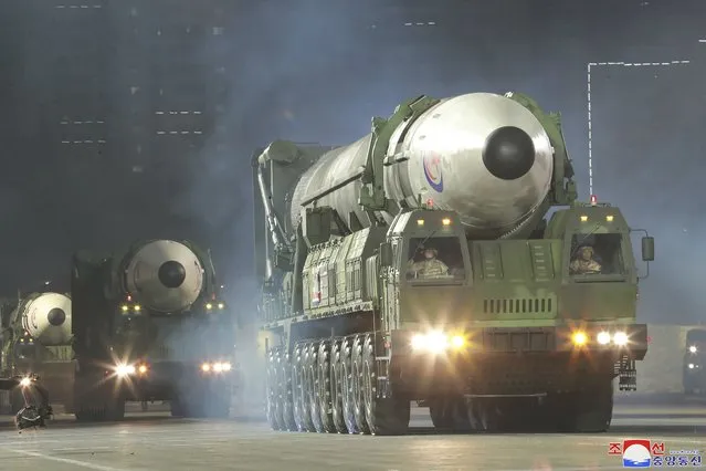 This photo provided by the North Korean government, shows what it says newly built intercontinental ballistic missile, the Hwasong-17 during a military parade to mark the 90th anniversary of North Korea's army at the Kim Il Sung Square in Pyongyang, North Korea Monday, April 25, 2022. (Photo by Korean Central News Agency/Korea News Service via AP Photo)
