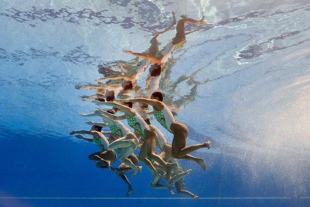 Team Great Britain competes in the Artistic Swimming Team Technical Preliminaries on day three of the Budapest 2022 FINA World Championships at Alfred Hajos National Aquatics Complex on June 19, 2022 in Budapest, Hungary. (Photo by Tom Pennington/Getty Images)