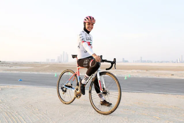 Safiya Al Sayegh, first Arab female professional cyclist and a rider at the UAE Team ADQ during the Boot camp training at the Al Hudayriyat Island in Abu Dhabi on October 19, 2022. (Photo by Pawan Singh/The National)