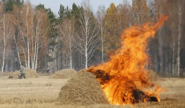 A worker burns wheat straw while he prepares land for a new season outside the village of Dzerzhinskoye, northeast of Krasnoyarsk, Russia, October 4, 2014. (Photo by Ilya Naymushin/Reuters)