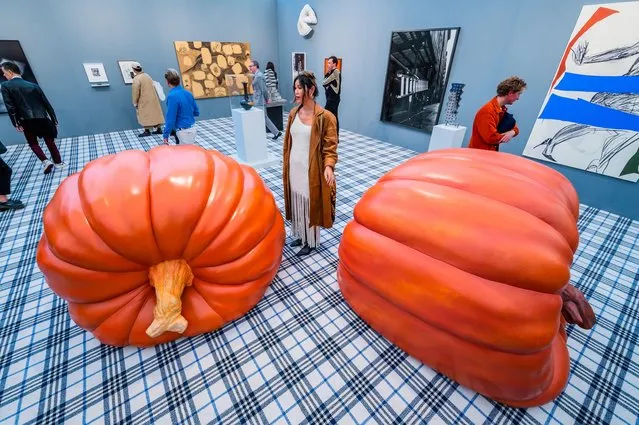 A visitor views “Giant Pumpkin, no1” by British artist Anthea Hamilton during the Frieze Art Fair in Regents Park in London on October 12, 2022. The fair is open to the public 14–18 October. (Photo by Guy Bell/Alamy Live News)