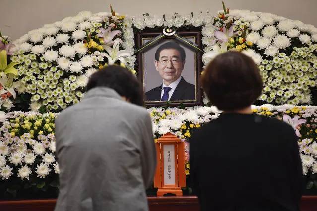 In this photo provided by Seoul Metropolitan Government, a portrait of the deceased Seoul Mayor Park Won-soon is placed at a hospital in Seoul, South Korea, Friday, July 10, 2020. Park left a note saying he felt “sorry to all people” before he was found dead early Friday, officials in the South Korean capital said as people began mourning the liberal legal activist seen as a potential presidential candidate. (Photo by Seoul Metropolitan Government via AP Photo)