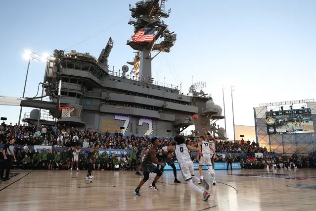 A general view of first half action during the Armed Forces Classic between the Michigan State Spartans and the Gonzaga Bulldogs aboard the USS Abraham Lincoln aircraft carrier on November 11, 2022 in San Diego, California. (Photo by Sean M. Haffey/Getty Images)