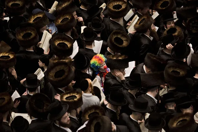 An Ultra-Orthodox Jewish child dressed as a clown (C) stands among men reading from the Book of Esther during a prayer for the Jewish Holiday of Purim in the Mea Shaarim neighborhood in Jerusalem, Israel, 12 March 2017.The joyful Jewish holiday of Purim celebrates the Jews' salvation from genocide in ancient Persia, as recounted in the Scroll of Esther. (Photo by Abir Sultan/EPA/EFE)