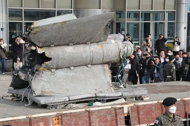 The debris of a missile which the Defense Ministry identified as a North Korea's SA-5 surface-to-air missile according to South Korea's military, are seen at the Defense Ministry in Seoul, South Korea, Wednesday, November 9, 2022. South Korea says the recovered debris of a North Korean missile fired toward the South amid a barrage of sea launches last week was determined to be a Soviet-era anti-aircraft weapon that dates back to the 1960s. (Photo by Han Sang-kyun/Yonhap via AP Photo)