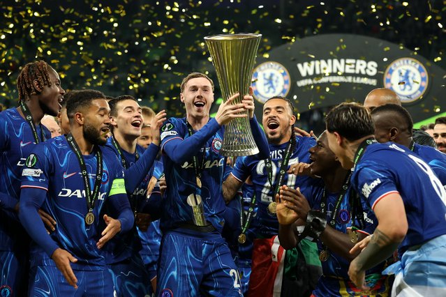 Cole Palmer of Chelsea lifts the UEFA Conference League trophy after his team's victory in the UEFA Conference League Final 2025 between Real Betis Balompie and Chelsea FC at on May 28, 2025 in Wroclaw, Poland. (Photo by Richard Heathcote/Getty Images)