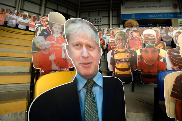 A cardboard cut out of Boris Johnson, Prime Minister of the United Kingdom ahead of the Betfred Super League match between Wigan Warriors and Castleford Tigers at The Halliwell Jones Stadium on August 29, 2020 in Warrington, England. (Photo by George Wood/Getty Images)