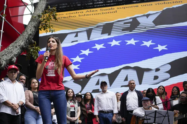 Camilla Fabri, wife of Colombian businessman Alex Saab, speaks during a demonstration demanding his release, in Caracas, Venezuela, Friday, December 16, 2022. For more than two years, almost since the time of his arrest on U.S. warrant,  Saab has insisted he is a Venezuelan diplomat targeted for his work helping the South American country circumvent American economic sanctions. (Photo by Matias Delacroix/AP Photo)