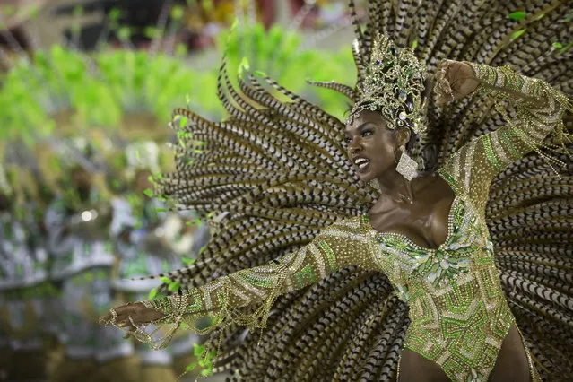 Drum Queen Cris Vianna from the Imperatriz Leopoldinense samba school parade during carnival celebrations at the Sambadrome in Rio de Janeiro, Brazil, Tuesday, February 12, 2013. Rio de Janeiro's samba schools vied for the title of the year's best in an over-the-top, all-night-long Carnival parade at the city's iconic Sambadrome. (Photo by Felipe Dana/AP Photo)