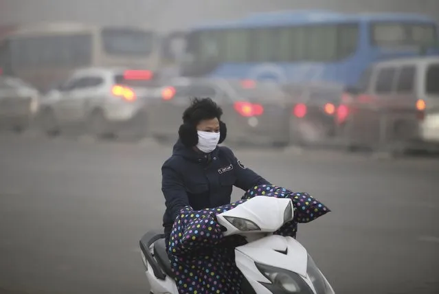 A man wearing a mask rides his electric bicycle along a street on a smoggy day in Zhengzhou, Henan province, China, November 30, 2015. Heavy smog and thick fog engulfed many parts of northern and eastern China on Monday, local media reported. (Photo by Reuters/Stringer)