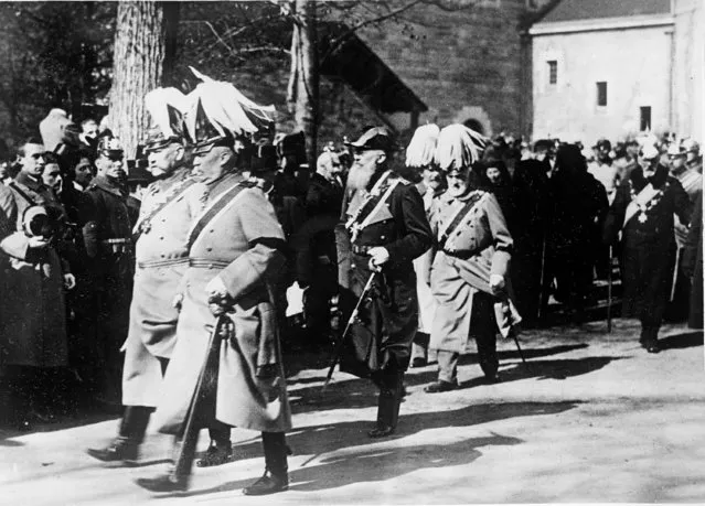 From Left to right: Paul von Hindenburg, carrying his baton of Field Marshal; General Erich Ludendorff and Admiral Tirpitz, attend the funeral of the ex-Kaiserin Augusta Victoria, wife of Kaiser Wilhelm II, at her Hohenzollern seat in Postdam, Germany, May 2, 1921. The funeral resembled a pageant of the old German Empire, a revival of Prussian Military pomp, the klinking of spurs, burnished helmets and glittering army orders, beloved by the great warlords of pre-war fame. (Photo by AP Photo)