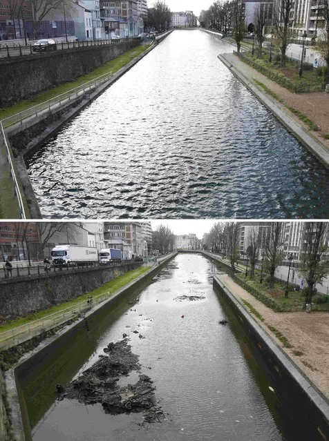 A combination picture shows the Canal Saint-Martin before the start of its draining on December 29, 2015 (top) and during the operation to clean the waterway in Paris, France, on January 5, 2016 (bottom). (Photo by Charles Platiau/Reuters)