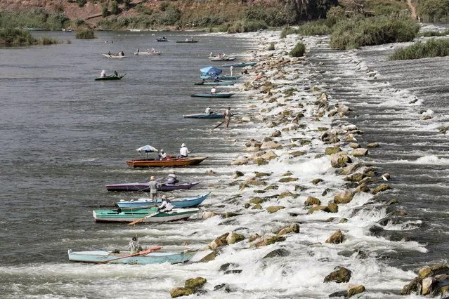 People row their boats in the water of the Nile river during hot weather in the Qanater, on the outskirts of Cairo, Egypt, 05 July 2023. Cairo is experiencing a heatwave with temperatures rising to 43 degrees Celsius. (Photo by Khaled Elfiqi/EPA)