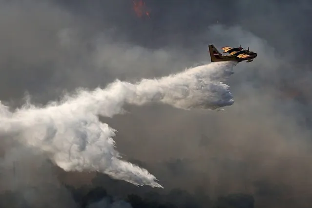 An aircraft of the fire brigade battles to extinguish a wildfire in the area of Varybobi, northeastern suburb of Athens, Greece, 03 August 2021. The wildfire that broke out in a forest in the Varybobi area on August 3rd spread quickly due to the dry conditions, despite the lack of strong winds and the efforts of fire-fighting forces to contain it quickly. There are 350 fire-fighters with 70 vehicles, 10 teams of fire fighters on foot and five helicopters and five aircrafts, including a Beriev 200, deployed to put out the fire. The police have stopped the movement of vehicles on the Tatoiou Road between Kymis Avenue and Erithrea Road, on Erithrea Road between the Varybobi bridge and on Tatoiou from Parnithos Road (Ippokratios Politia). (Photo by Orestis Panagiotou/EPA/EFE)