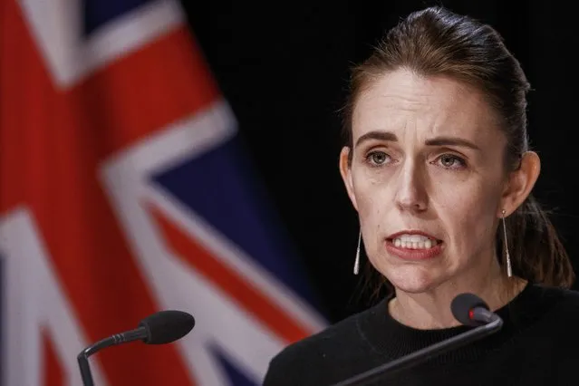New Zealand Prime Minister Jacinda Ardern addresses a COVID-19 response update press conference in Wellington, New Zealand, Thursday, August 19, 2021. New Zealand will now allow youths aged 12 to 15 to get vaccinated against the coronavirus. The government announcement Thursday came as the nation remains in a strict lockdown as it deals with a new outbreak of the fast-spreading delta variant, its first virus outbreak in six months. (Photo by Robert Kitchin/Pool Photo via AP Photo)