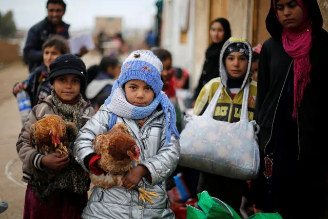 Displaced children who fled the Islamic State stronghold of the Arabi neighborhood, north of Mosul with their families carry their chickens as they wait to register their names at a military checkpoint before being transported to the camps in the east of Mosul, Iraq, January 25, 2017. (Photo by Muhammad Hamed/Reuters)