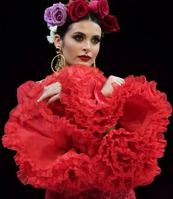 A model presents a creation by Yolanda Rivas during the International Flamenco Fashion Week – SIMOF in Seville on January 20, 2024. (Photo by Cristina Quicler/AFP Photo)