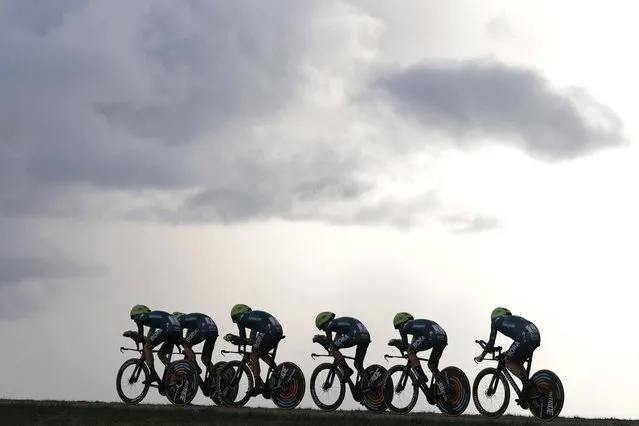 Hansgrohe's team competes during the 3rd stage of the Paris-Nice cycling race, 26,9 km team time trial between Auxerre and Auxerre, on March 5, 2024. (Photo by Thomas Samson/AFP Photo)