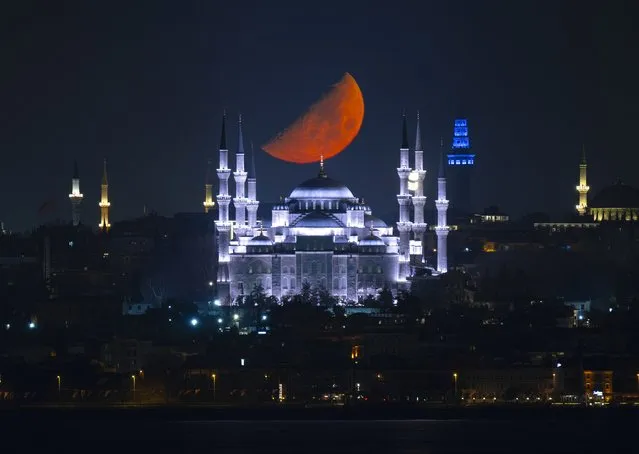 A view of the Moon over the Blue Mosque in Istanbul, Turkiye on March 17, 2024. (Photo by Isa Terli/Anadolu via Getty Images)