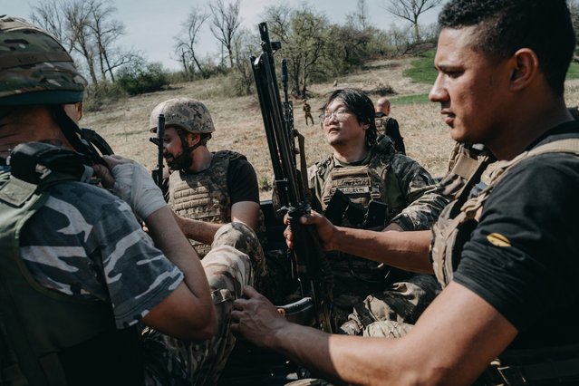 Soldiers attend the 2nd International Legion training as Russia-Ukraine war continues in Lyman, Donetsk Oblast, Ukraine on April 08, 2024. (Photo by Wojciech Grzedzinski/Anadolu via Getty Images)