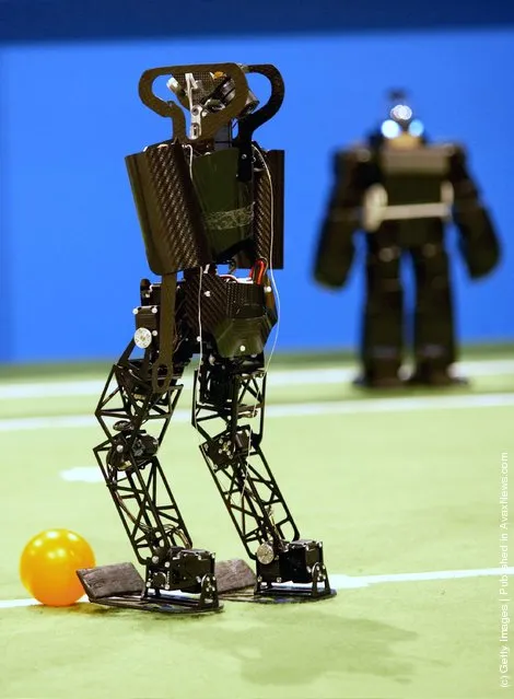 Humanoid robots of the children size league compete during the RoboCup 2006 football world championships